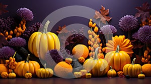 3D style pumpkins and autumn fruits on purple background