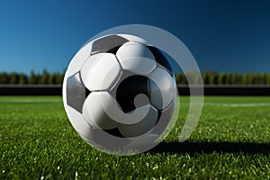 3D style rendering, a soccer ball on a vibrant grass field