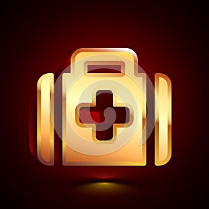 3D stylized First Aid Kit icon. Golden vector icon. Isolated symbol illustration on dark background