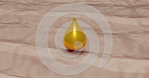 3d stylized illustration of old skin and application of a golden drop of cream, serum, substance