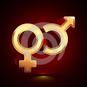 3D stylized Venus and Mars icon. Golden vector icon. Isolated symbol illustration on dark background