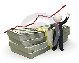 3d succesful business man - pack of money - graph