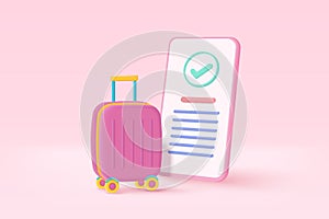 3D suitcase and buy travel ticket online on mobile phone. Planning for tourism on summer vacation concept. 3d vector suitcase of