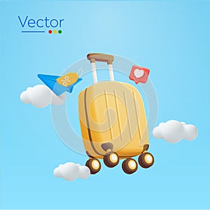 3d suitcase flying on the sky with instagram heart icon, gift voucher, coupon, paper plane, clouds, isolated on