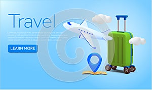 3d suitcase or luggage with airplane, map marker or pin icon, cloud, isolated on background. Banner concept for travel