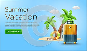 3d suitcase or luggage, palm or coconut tree, map marker, pin icon, beach hat, lifebuoy, sun glasses. Banner concept for