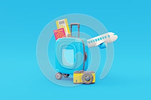 3D Suitcase with traveler accessories, passport, ticket, camera and airplane, Tourism and travel , holiday vacation, 3d