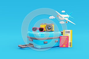3D Suitcase with traveler accessories, passport, ticket, camera and airplane, Tourism and travel, holiday vacation, 3d