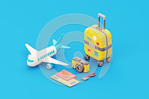 3D Suitcase with traveler accessories, passport, ticket, camera and airplane, Tourism and travel, holiday vacation, 3d rendering