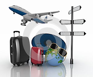 3d suitcases, airplane, globe and umbrella. Travel and vacation concept