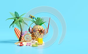 3d summer travel concept with pineapple, helm, surfboard, palm tree, lifebuoy, suitcase, yellow duck, sandals, beach, sunglasses,