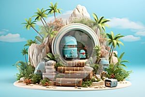 3D Summer Travel Podium with Coconut, Car, Beach, Sea, Flowers, and Suitcase