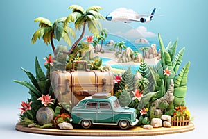 3D Summer Travel Podium with Coconut, Car, Beach, Sea, Flowers, and Suitcase