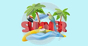3d summer tropical vacation, beach with wave big typography rounded letters with tropical birds and coconut cocktail