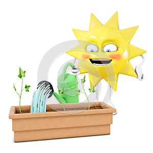 3D sun character water the plants