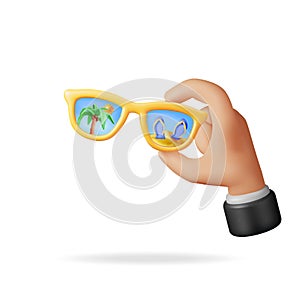 3D Sunglasses with Palm Trees and Beach in Hand.