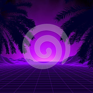 3d sunset on the beach. Retro palms vector sci fi background. Digital landscape cyber surface. 80s purple party