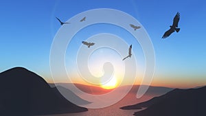 3D sunset landscape with birds flying in the sky