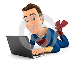 3d superhero lying on the floor and using laptop