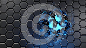 3d swirling futuristic glowing blob of plastic and metal against hexagonal background
