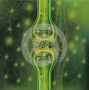 3D synapse and Neuron cells. Transmission signal of impulse in a living organism. Communication of neurons. Signaling in