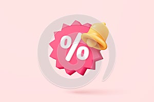 3d tag price icon with bell notification for discount coupon online. sales with an excellent offer for shopping, special offer