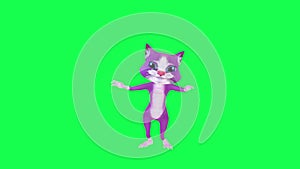 3D talking purple cat dancing from opposite angle on green screen 3D people walking background chroma key Visual effect animation