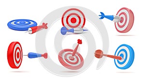 3d target. Goal dart icon different angles view, business game strategy arrow for customer board, sport hit or point