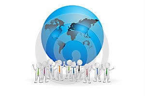 3D teamwork people around global world vector logo