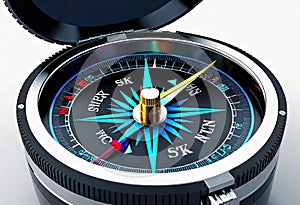 3D technical abstract compass with health icons on white background, health and travel concept,
