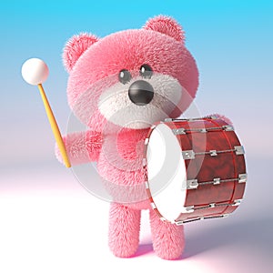 3d teddy bear with pink fuffy fur banging on a bass drum, 3d illustration