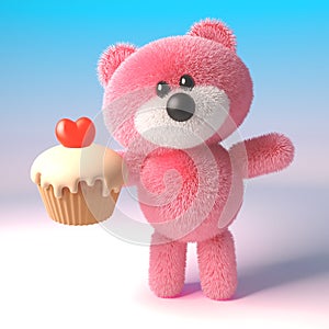 3d teddy bear with pink fur eating a delicious cup cake with a heart, 3d illustration