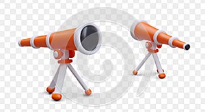 3D telescope in cartoon style. Front and back view. Optical device for surveillance, espionage