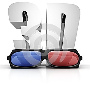 3d text and black cinema glasses