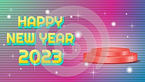 3d text effect, red podium and colorful background design for happy new year 2023