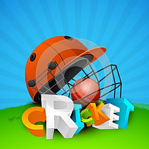 3D text with helmet and cricket ball.