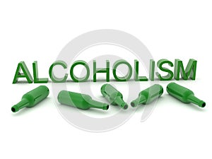 3D Text saying Alcoholism and bottles around it