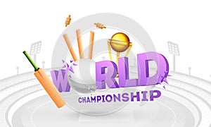 3D text world with ball, bat, wicket stumps and winning trophy.