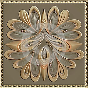 3d textured gold floral seamless pattern with greek wavy frame. Embossed ornamental fractal flowers background. Modern ornamental
