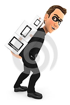 3d thief carrying stack of cardboard boxes on his back