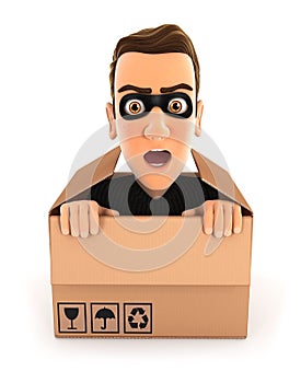 3d thief hiding inside a cardboard box