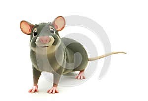 A 3d three-dimensional illustration of a cute mouse on white background portrayed as a lovable cartoon character