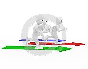 3d three men runiing on different arrows in race illustration