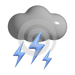 3D thunderstorm with blue lightning, grey cloud icon. 3d storm weather element isolated on a white background. Climate