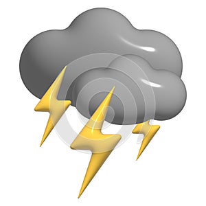 3D thunderstorm with lightning, grey cloud icon. 3d storm weather element isolated on a white background. Climate