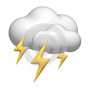 3D thunderstorm with lightning, white cloud icon. 3d storm weather element isolated on a white background. Climate