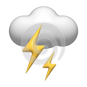 3D thunderstorm with lightning, white cloud icon. 3d storm weather element isolated on a white background. Climate