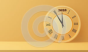 3d time clock with the 2023 year number and calendar on yellow background with copyspace. Classic clock, HAPPY NEW YEAR, or