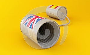 3d Tin can phones with flags connected by string