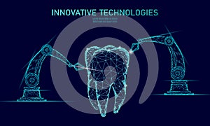 3d tooth innovation robot arm polygonal concept. Stomatology symbol low poly triangle abstract oral dental medical care